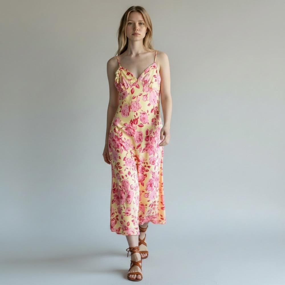 Y2K Slip Coquette Tequila Sunrise Liquid Satin Floral Dress XS Pink Empire Waist
